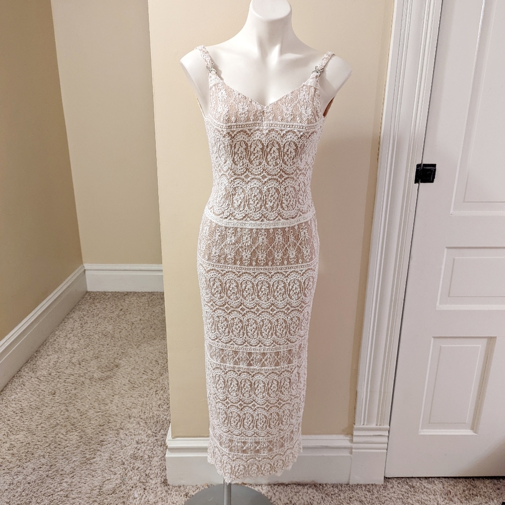Vintage Nite Line by Nadree cream lace silk dress with sparkle beads. Size 2
